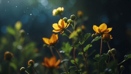 Fototapeta premium Sprouting Life Vibrant Seedling Emerges in Double Exposure Silhouette of Blooming Wildflowers.
