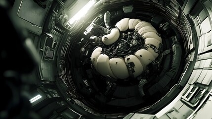 A surreal and futuristic interior scene depicting a mechanical stomach like structure composed of a complex arrangement of organic and synthetic elements in a dark moody and dramatic setting