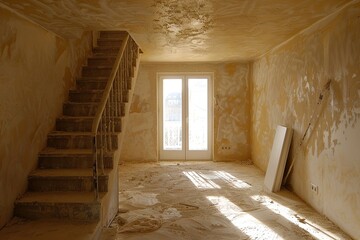 Fototapeta premium A room with a staircase and a door. The room is empty and has a lot of dust