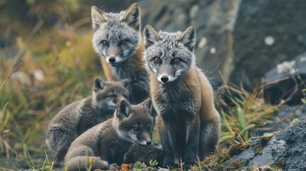 Obraz premium Three fox cubs are sitting on a rock, one of them is looking at the camera. Concept of warmth and family, as the cubs are close to each other and seem to be enjoying each other's company