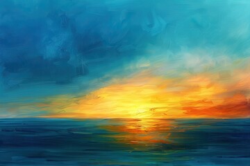 Obraz premium A painting of a sunset over the ocean with a blue sky.