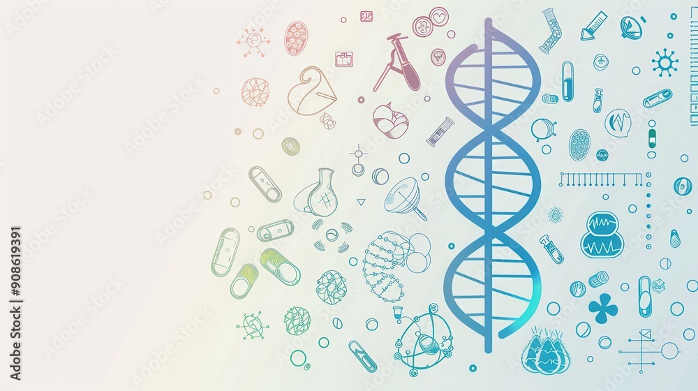Poster a double helix dna strand is surrounded by various medical icons, showcasing the connection between 
