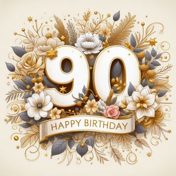 Elegant 90th birthday design with floral motifs in gold and soft pastel colors.