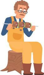 Man eat grilled burger on stick. Outdoor picnic