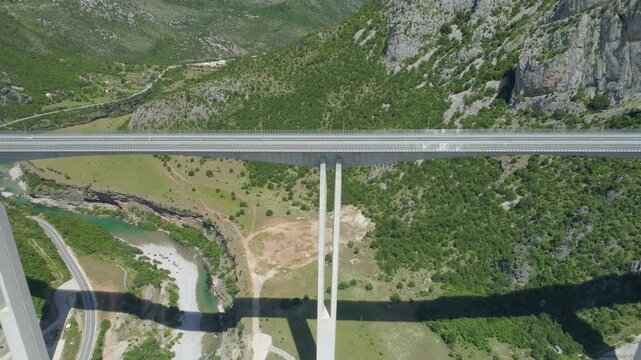Aerial view of new concrete bridge over the Moraca river canyon in Montenegro