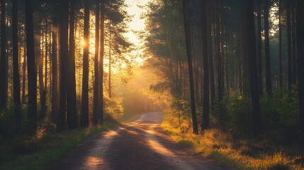 Obraz premium Winding road through a tranquil pine forest with warm glowing sunlight at sunrise creating a peaceful and atmospheric natural landscape scene