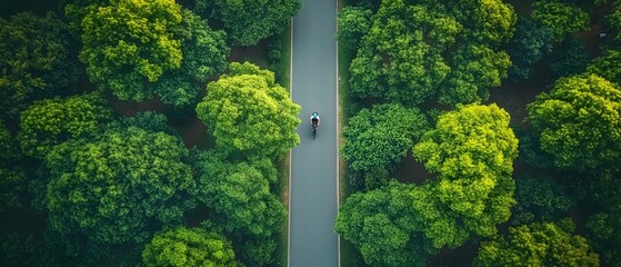 Top down view of a winding road cutting through a lush green forest canopy with a lone cyclist riding along the path creating a peaceful and tranquil landscape