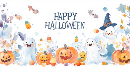 water color style, children friendly illustration, A fun Halloween scene with jack-o'-lanterns, ghosts, candy corn, and spooky elements against a white background text " HAPPY HALLOWEEN"