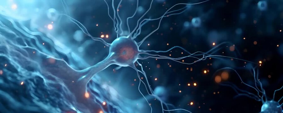 Horizontal video showing close-up of neuron-like structure with glowing synapses, neural connections. intricate network of neural pathways, symbolizing the complexity of human brain and AI technology