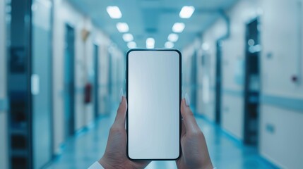 Young woman Hand holding smartphone with blank screen with blurred of Hospital hallway, reception clinic,Abstract blur hospital and clinic interior,hospital corridor defocused Medical background.
