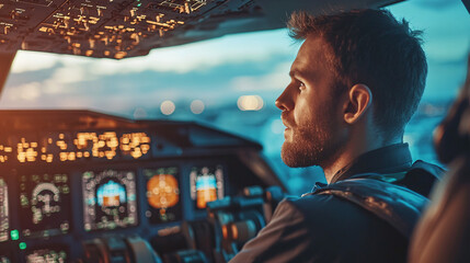 A pilot performing pre-flight checks in the cockpit of a commercial airplane 