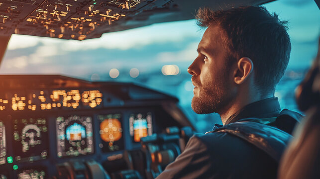 A pilot performing pre-flight checks in the cockpit of a commercial airplane 