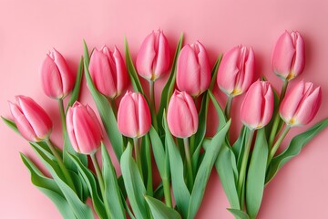 Obraz premium Pink tulip bouquet on pastel pink background. Beautiful flat lay composition for Valentine Day, Easter, Birthday, Happy Women Day, Mother Day celebrations.