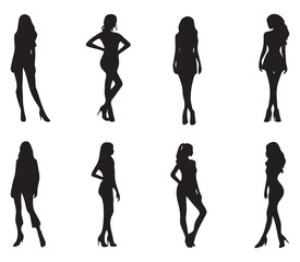 Silhouettes of women in diverse poses, illustrated in a vector style, showcasing movement and grace