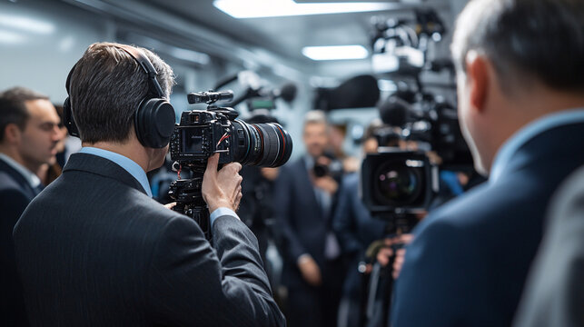 Photography of a journalist conducting an interview with a politician in a busy press room 