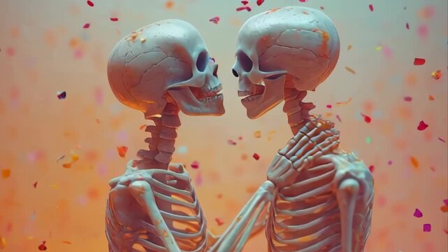 two skeletons kissing, confetti in the background, orange and purple color scheme. scary halloween theme 