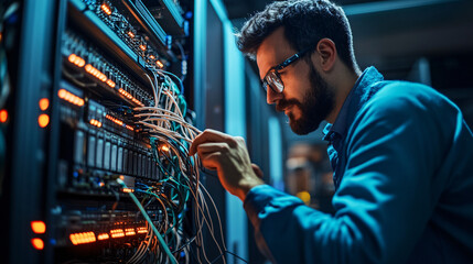 Photography of an IT engineer configuring network equipment in a server room 
