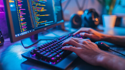 Photography of a focused programmer typing on a mechanical keyboard with a 4K monitor showcasing complex algorithms and colorful code 