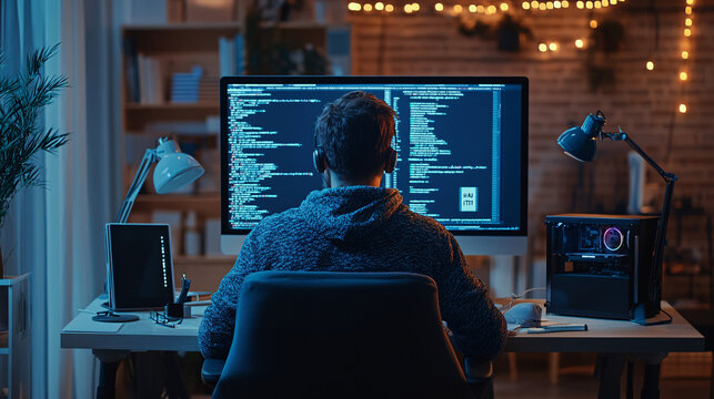 Photography of a programmer sitting at a desk with a high-definition screen displaying an intricate code base, surrounded by tech accessories and notes 