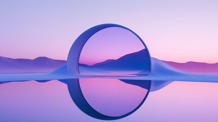 3D mirror reflected in a smooth landscape, violet lighting with random effects, minimalistic and playful designs, soft rounded shapes, diffuse light, imaginative and calm mood