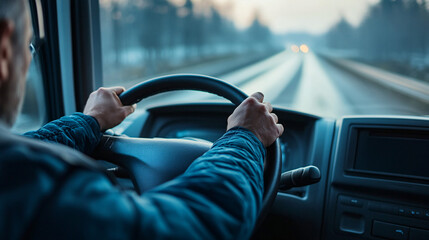 Photography of a truck driver preparing for a journey, with a high-resolution close-up of their hands on the steering wheel and the road ahead clearly visible 