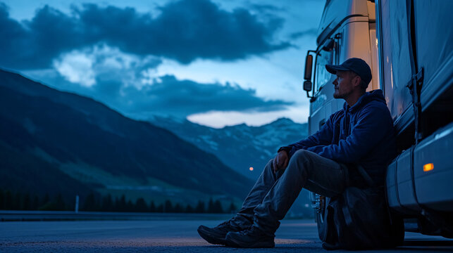Photography of a truck driver taking a break at a rest stop, with a UHD image capturing the driver relaxing outside their truck and the surrounding environment in high detail 