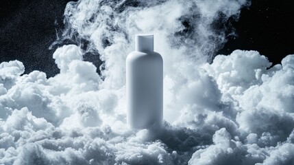 A Bottle of white body wash stands on top of snow, fluffy clouds ,surrounded by clouds and mist,Cosmetic bottle beauty product for skincare or body care,copy space.