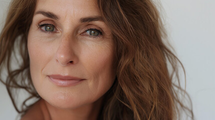 Obraz premium Elegant studio portrait of a beautiful middle-aged woman with tousled blonde hair, green eyes, and a confident smile against a plain gray background