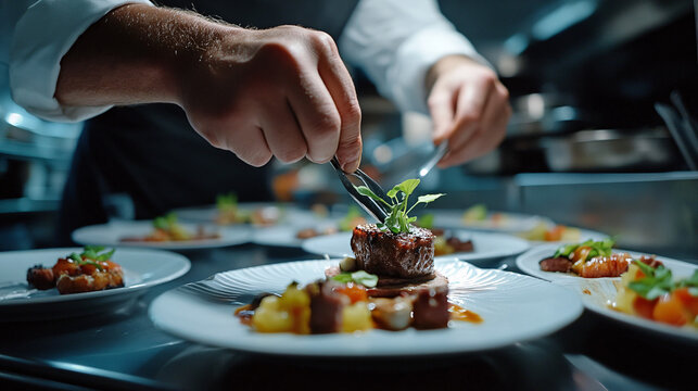 Photography of a chef plating a multi-course meal with artistic flair, captured in 4K to highlight the intricate details and presentation of each course 
