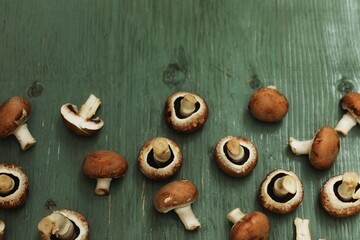 Champignons, mushroom,mushrooms, healthy food, energy, copy space, top view, place for text, green background