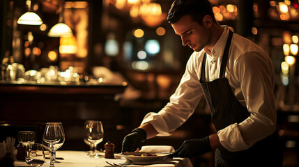 Photography of a waiter clearing a table after a meal, with high-resolution detail focusing on the efficiency and professionalism in the restaurant setting 