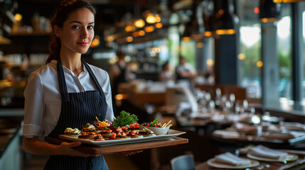 Photography of a waitress carrying a tray with an array of appetizers, with high-resolution detail capturing the variety of dishes and the dynamic atmosphere of the restaurant 