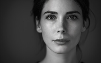 Fototapeta premium Striking Black and White Close-Up Portrait of a Woman with Intense Gaze
