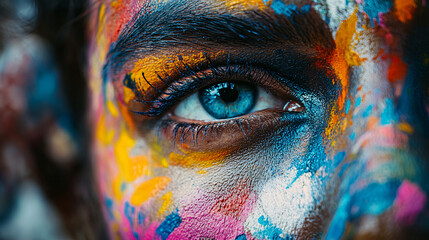 Photography of a close-up of a street artist&rsquo;s face covered in paint as they work on a mural, with 4K resolution highlighting the artist&rsquo;s focused expression and the colorful splatters on their 