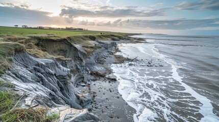 Obraz premium Urgent Call for Climate Action: Panoramic View of Coastline Devastated by Erosion and Rising Sea Levels