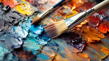 Fototapeta premium Photography of a close-up of watercolor paints on a palette with the artist’s brush in motion, with high-resolution focus on the rich textures and colors mixing together 