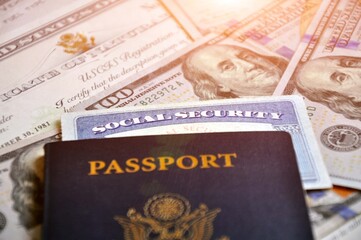 Social Security Card and US Citizen Passport. Documents, money.