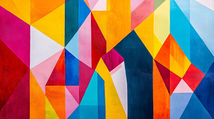 Obraz premium Photography of a vibrant poster color painting featuring bold geometric patterns, captured in UHD to highlight the intensity and clarity of the colors 