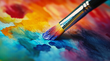 Fototapeta premium Photography of a watercolor artist’s brush delicately applying vibrant hues to a paper, with UHD detail capturing the fluid blending of colors and the artist’s technique 