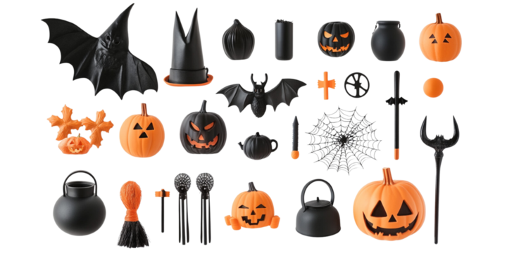 Collection of Halloween items isolated on transparent background.