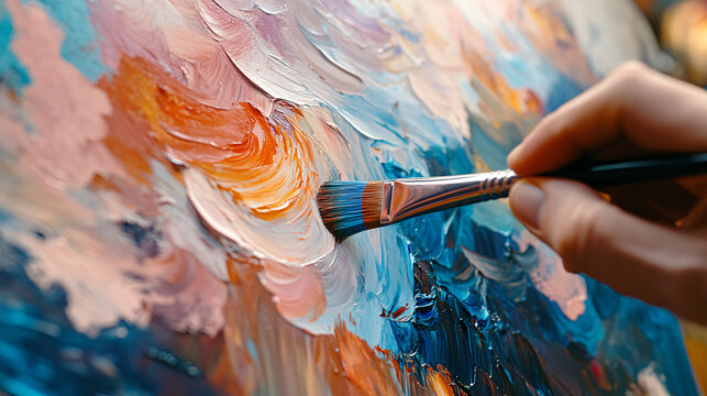 Photography of an artist applying tempera paint with a brush to a canvas, with 4K detail showcasing the brushstrokes and the dynamic blending of colors 
