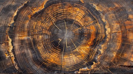 The image is of a large tree trunk with a hole in the middle. The trunk is split into many pieces, and the hole is surrounded by a ring of wood. Scene is one of decay and natural beauty