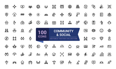 Community and social line icon set. Contains such icons as person, couples and groups. Minimalist thin linear web ui icon set. Simple editable vector stroke illustration.