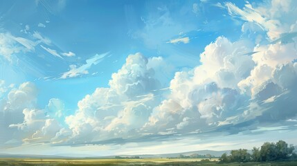 Fluffy clouds gather over a serene landscape, their soft forms creating a dreamy and peaceful atmosphere.