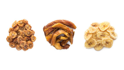 Various crunchy and chewy banana slices and chips snack on white background.Macro