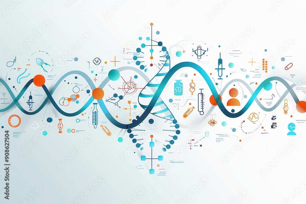 Poster a vibrant double helix dna strand is showcased with various medical icons, representing the connecti