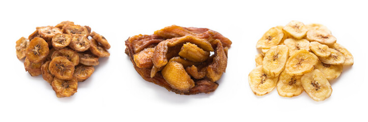 Various crunchy and chewy banana slices and chips snack on white background.