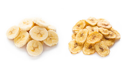 Fresh raw and dried dehydrated banana chips snack on white background.