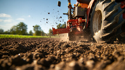 Photography of a farmer sowing crops using a seed drill, with high-resolution detail showcasing the equipment’s operation and the careful planting process 