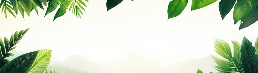 Obraz premium A vibrant collection of tropical leaves framing a serene background, perfect for projects related to nature or relaxation.